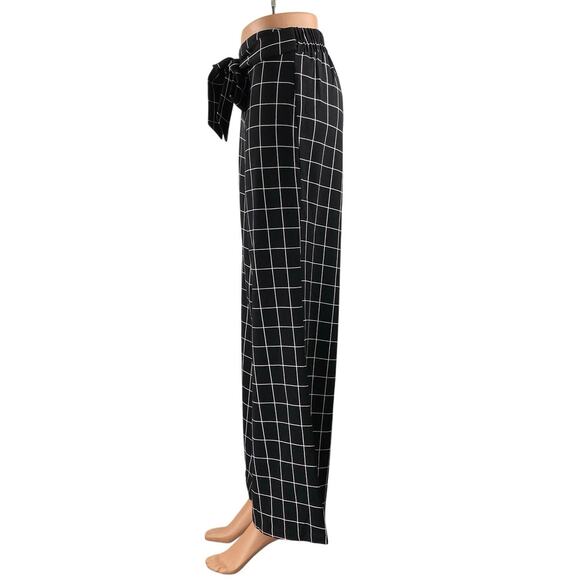 Mine Black Windowpane High Rise Drawstring Wide Leg Trousers Dress Pants Size S - Picture 2 of 5